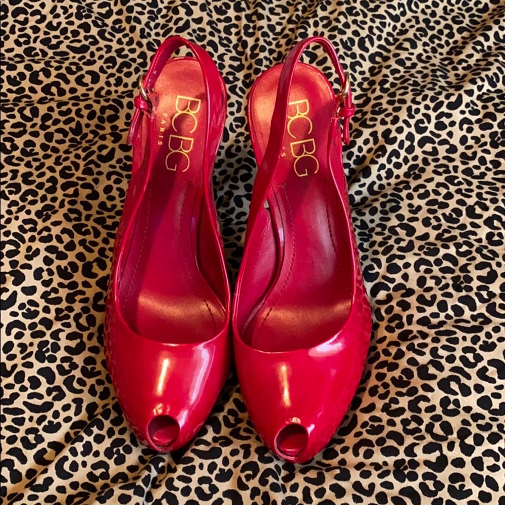 BCBG red platform sling back heels.